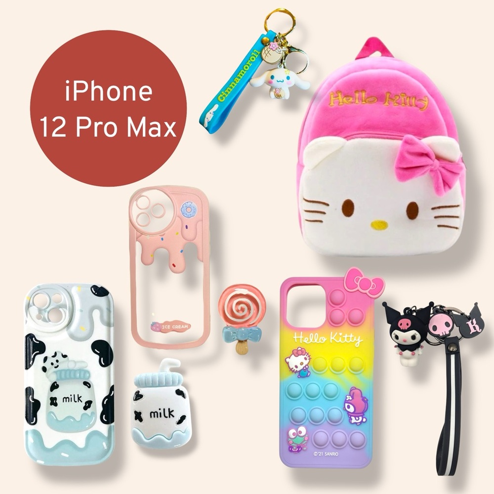 iPhone 12 Pro Max Bundle | Hello Kitty, Kuromi, Pop Socket & Mini Backpack